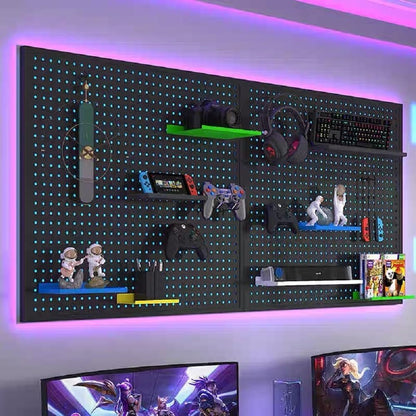RGB Gaming Wall Organizer Peg Board with RGB LED Strip Lights, 2PCS Metal Gamer Wall Decor Peg Board with Hooks, DIY Gaming Setup Organizer Pegboard Gaming Wall Accessories 12 * 24”