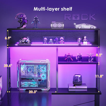 L Shaped Gaming Desk with Led Lights, 51 Inch Reversible Gaming Computer Desk with Display Shelves, PC Gamer Desk Gamer Table with Storage Bag, L Desk for Game, Black
