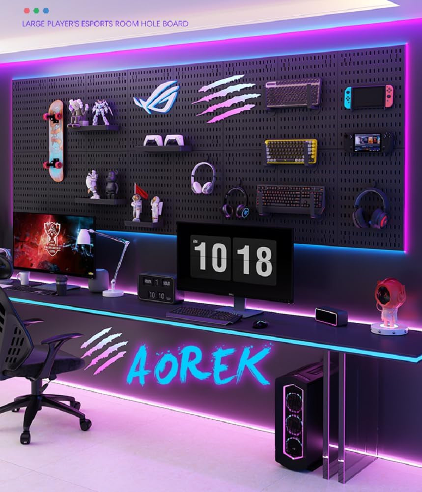 RGB Gaming Wall Organizer Peg Board with RGB LED Strip Lights, 2PCS Metal Gamer Wall Decor Peg Board with Hooks, DIY Gaming Setup Organizer Pegboard Gaming Wall Accessories 12 * 24”