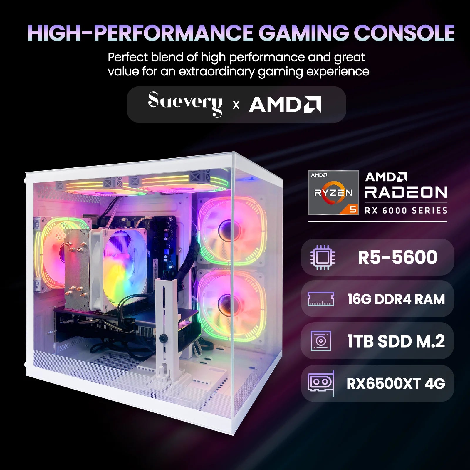 Gaming PC Desktop - AMD Ryzen 5 5600, Radeon RX 6500XT, 16GB DDR4, 1TB Nvme SSD, B450, Wifi 6, White