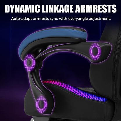 RGB Gaming Chair with Speakers - LED Computer Game Chair for Adults, PC Home Office Chairs with Footrest & Lights, Reclining Desk Chairs, Blue