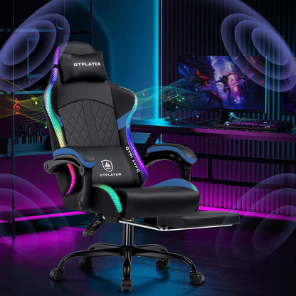RGB Gaming Chair with Speakers - LED Computer Game Chair for Adults, PC Home Office Chairs with Footrest & Lights, Reclining Desk Chairs, Blue