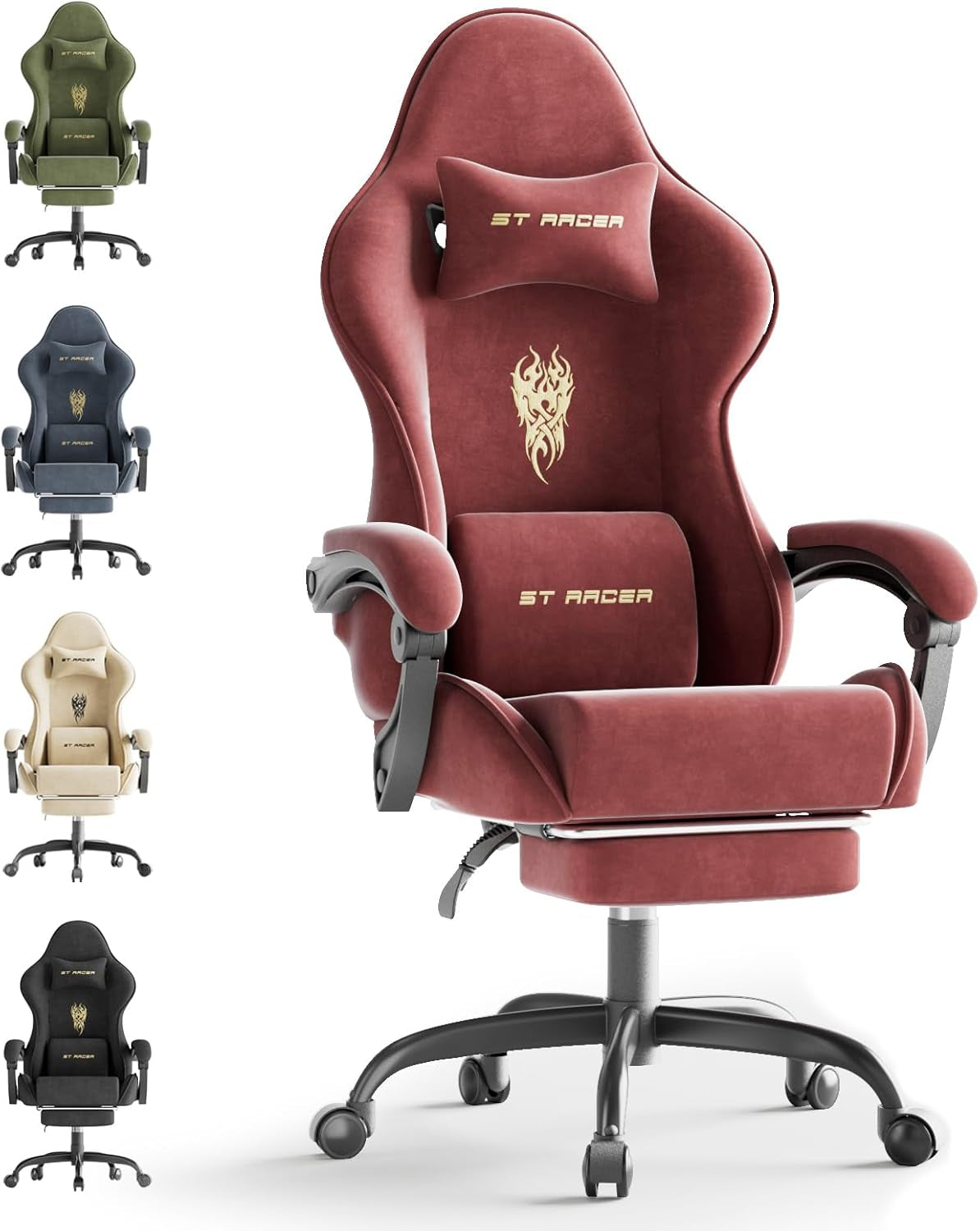 Velvet Fabric Gaming Chair with Footrest for Adults, Ergonomic Gaming Chairs with Massage Lumbar, Reclining Racing Computer Chair with Spring Cushion for Home Office Video Game, Red