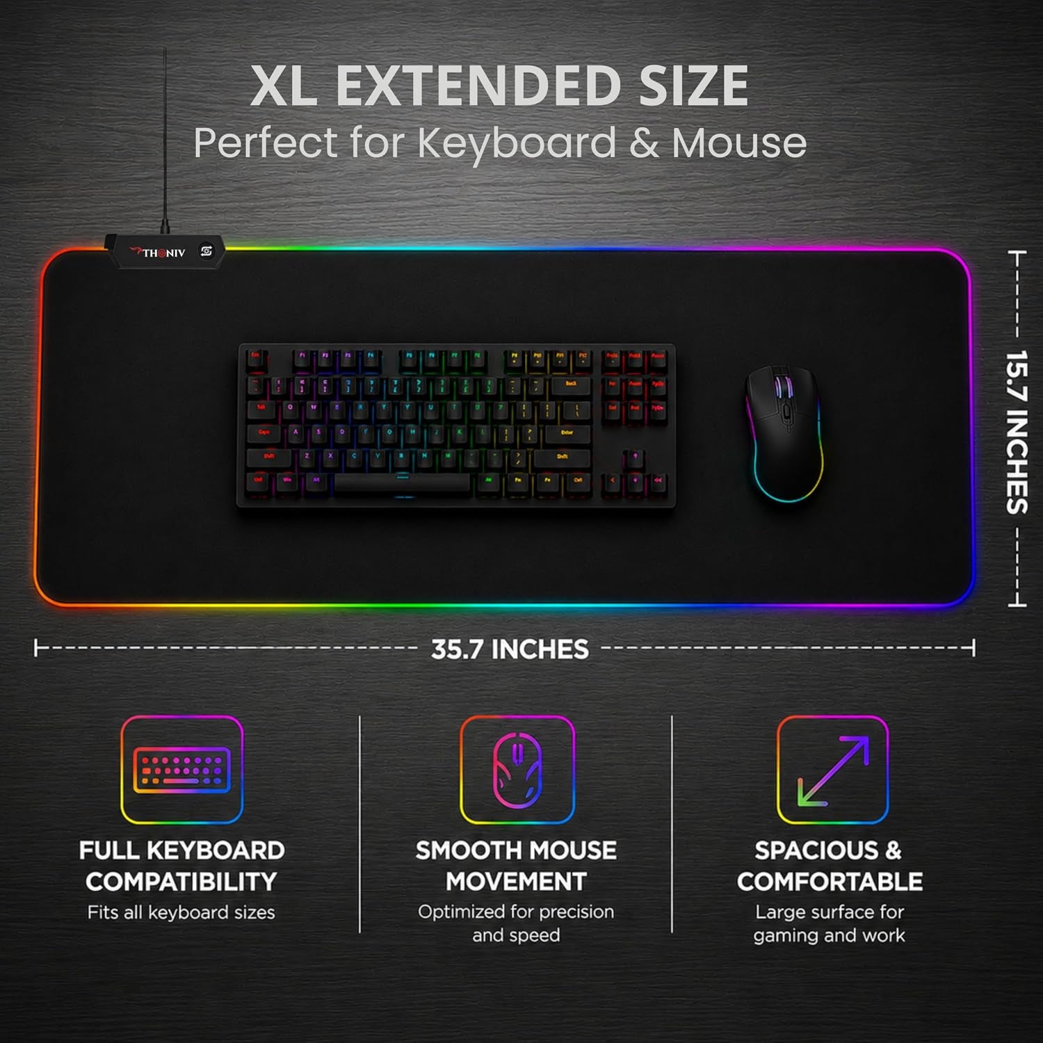 RGB Mouse Pad 35.4×15.7 Inches – Extended LED Mouse Pad with 14 Lighting Modes, Gaming Desk Mat, PC Gaming Accessories, Large Keyboard Pad with Non-Slip Rubber Base.