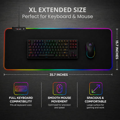 RGB Mouse Pad 35.4×15.7 Inches – Extended LED Mouse Pad with 14 Lighting Modes, Gaming Desk Mat, PC Gaming Accessories, Large Keyboard Pad with Non-Slip Rubber Base.