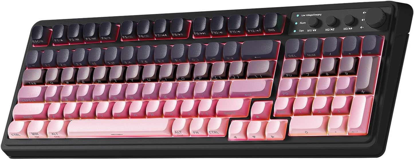 Keyboard, Wireless PC Gaming Keyboards Bluetooth Ergonomic Computer Creamy Keyboard Cute Full Size Backlit Tri-Mode Bt/2.4Ghz/Usb-C - Black & Pink Gradient - Side Printed