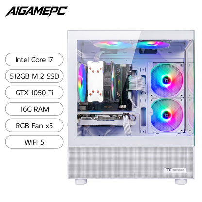 Budget Gaming PC Computers Desktop, Intel Core I7 up to 4.0Ghz, GTX 1050 Ti 4GB, 16GB RAM, 512GB M.2 SSD, BX3 550W 80PLUS Bronze PSU, Wifi 5, RGB Fan X5, Windows 11 Home, Prebuilt PC Gaming, White