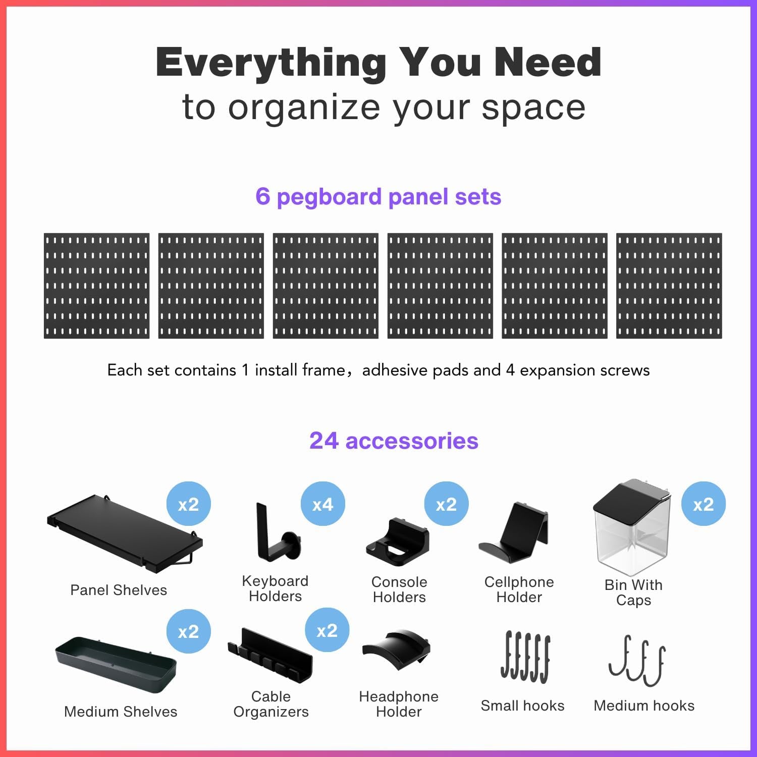 Peg Board Wall Organizer for Gaming Setup, Pegboard with Adhesives & Screw Mounts, Includes Peg Board Accessories for Gaming Accessories, Tech Storage & Office Organization (Black, 33″×22″)