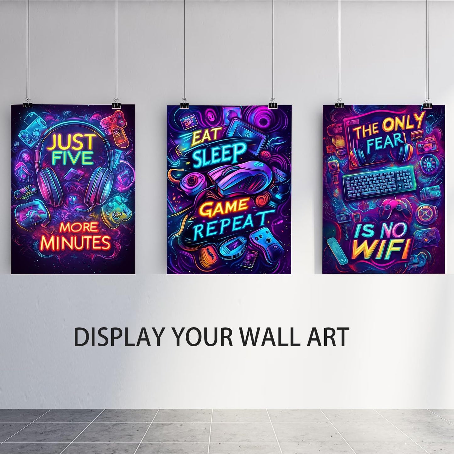 Neon Gaming Posters Video Game Wall Art Prints Set of 3 Game Room Decor Gaming Sign Painting Playroom Cool Pictures Gamer Wall Decor for Boy Teen Men Bedroom Bathroom 12X16In Unframed