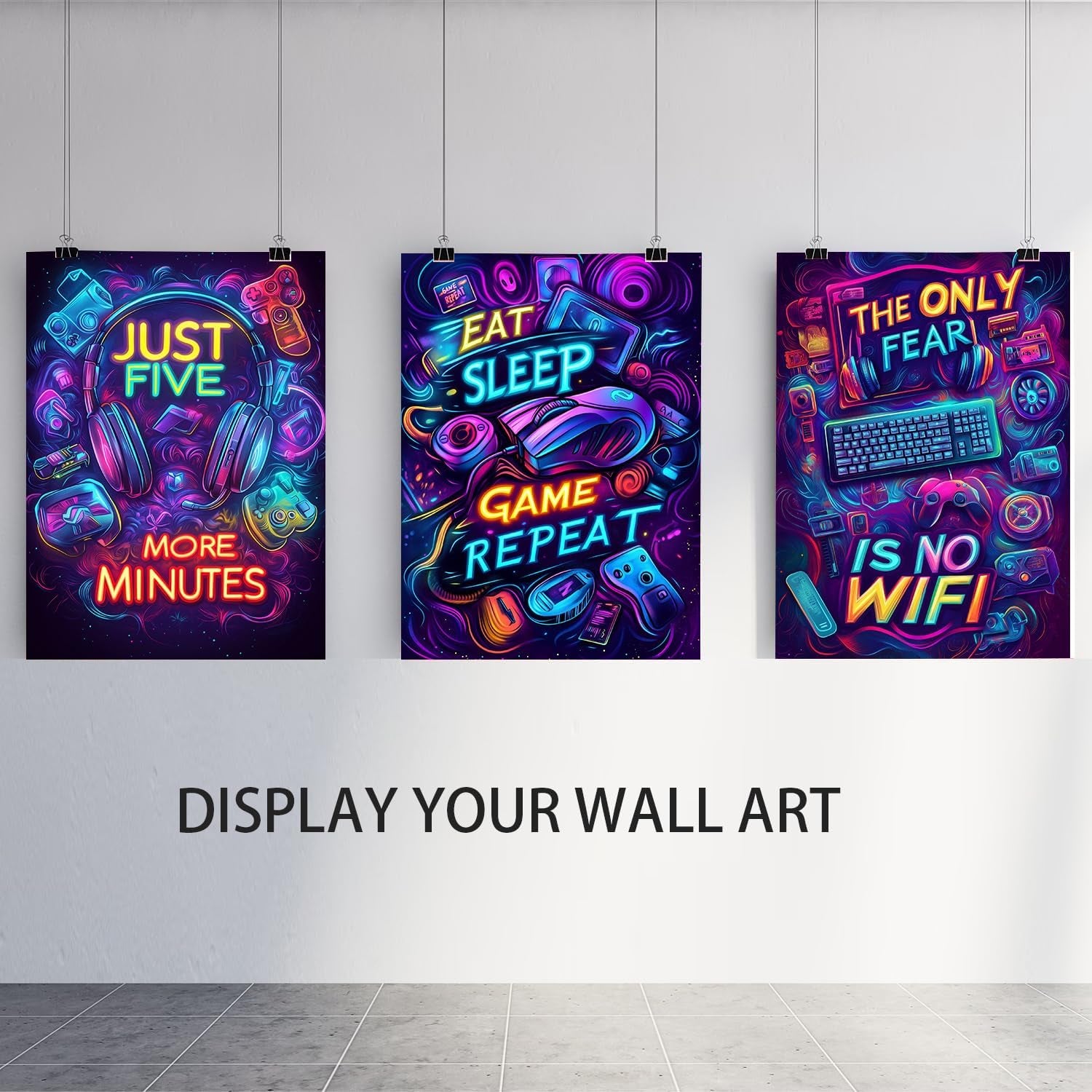 Neon Gaming Posters Video Game Wall Art Prints Set of 3 Game Room Decor Gaming Sign Painting Playroom Cool Pictures Gamer Wall Decor for Boy Teen Men Bedroom Bathroom 12X16In Unframed