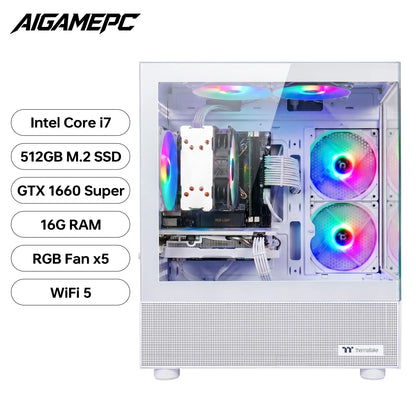 Gaming PC Desktop Computer, Intel Core I7 up to 4.0Ghz, GTX 1660 Super 6GB, 16GB RAM, 512GB M.2 SSD, BX3 550W 80PLUS Bronze PSU, Wifi 5, RGB Fan X5, Windows 11 Home, White PC