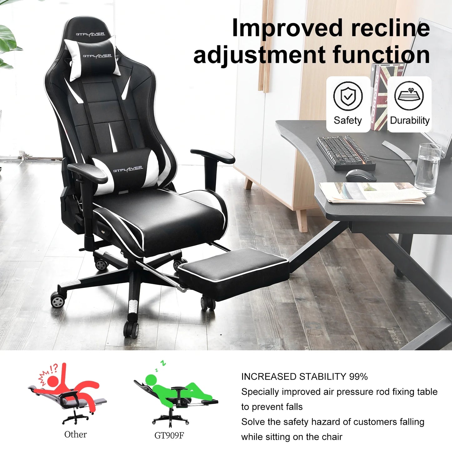 GTRACING Music Gaming Chair with Footrest Ergonomic Reclining PU Leather Office Chair, White