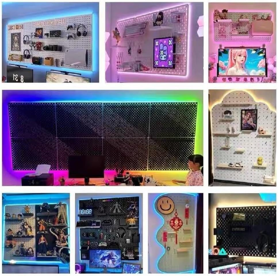 RGB Gaming Wall Organizer Peg Board with RGB LED Strip Lights, 2PCS Metal Gamer Wall Decor Peg Board with Hooks, DIY Gaming Setup Organizer Pegboard Gaming Wall Accessories 12 * 24”