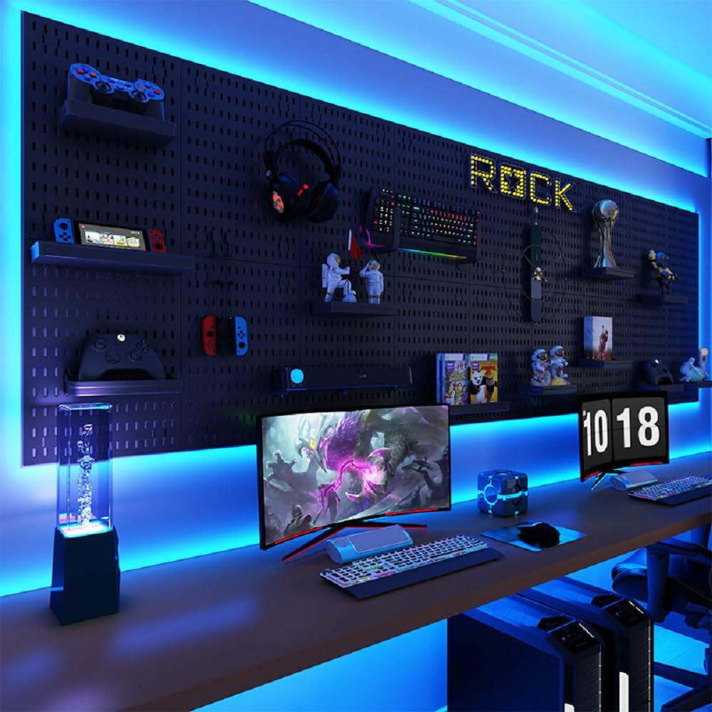 RGB Gaming Wall Organizer Peg Board with RGB LED Strip Lights, 2PCS Metal Gamer Wall Decor Peg Board with Hooks, DIY Gaming Setup Organizer Pegboard Gaming Wall Accessories 12 * 24”