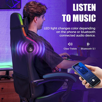 RGB Gaming Chair with Speakers - LED Computer Game Chair for Adults, PC Home Office Chairs with Footrest & Lights, Reclining Desk Chairs, Blue